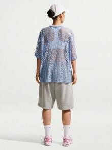 Nike Women's AS W NK CHILL WVN LACE JERSEY Short Sleeve T-Shirt Knit Collarless Short TIM8388-486 - Baby Blue - View 5