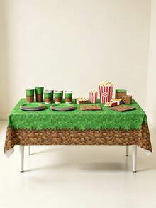 1pc Pixel Grass Map Pattern Disposable Rectangular Tablecloth, Party Birthday Decoration, Waterproof Oil-Proof, Green Lawn Tablecloth - Multicolor - View 5