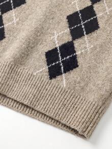 VIBEWAVE Argyle Jacquard Knit Cardigan & Dress 2 Pieces Set, Loose Vintage Preppy Style Knit Outfit, Autumn/Winter - Brown - View 9