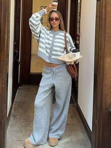 Senya Casual Fashion Striped Crew Neck Single-Breasted Cardigan & Straight Leg Pants Set, Exquisite Urban Commute Knit 2 Pieces Matching Set Fall - Light Grey - View 2