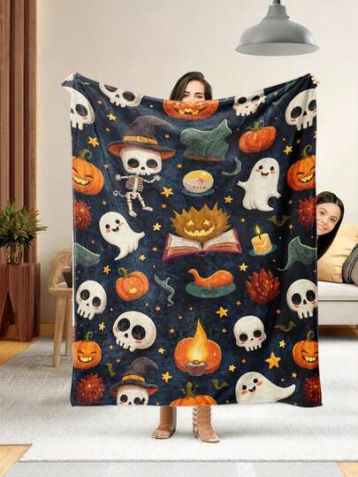 1pc Soft & Comfortable Halloween Flannel Blanket, 2D Printed Fleece Throw, Office Nap Blanket, Sofa & Bed Decorative Blanket, Outdoor Camping Leisure Blanket, Perfect Gift For Family And Friends