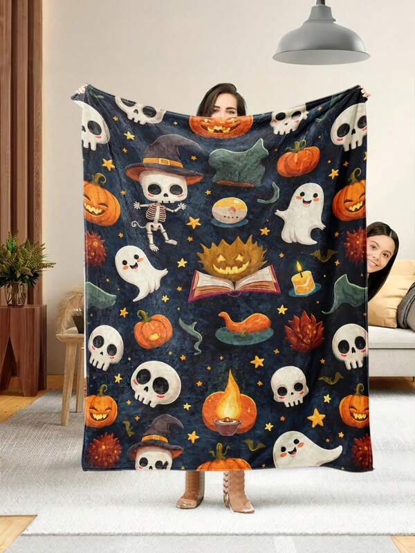1pc Soft & Comfortable Halloween Flannel Blanket, 2D Printed Fleece Throw, Office Nap Blanket, Sofa & Bed Decorative Blanket, Outdoor Camping Leisure Blanket, Perfect Gift For Family And Friends