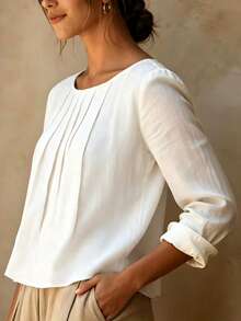 Women's Elegant Pleated Long Sleeve Blouse, Regular Fit Solid Color Top, Suitable For Spring And Autumn Wear, Vintage Style Regular Hem Top - White - View 3