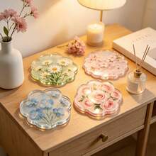 1/4PCS Watercolor Floral Acrylic Coasters, Asymmetrical Flower Transparent Heat-Resistant Coasters. Cherry Blossom, Forget-Me-Not, Rose Pattern Waterproof Tea Cup Coasters, Ins New Style Coasters, Heat-Resistant Coaster Set, Protect Tabletop From Hot Drinks, Cups And Plates Contamination - , Suitable For Office, Restaurant, Cafe - Multicolor - View 5