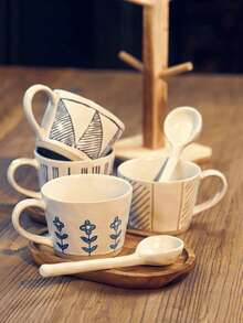 1pc Handmade Coarse Ceramic Coffee Cup Set, Ceramic Cup + Wooden Coaster, Suitable For Home, Office, Cafe Use, Great Gift Choice - Multicolor - View 2