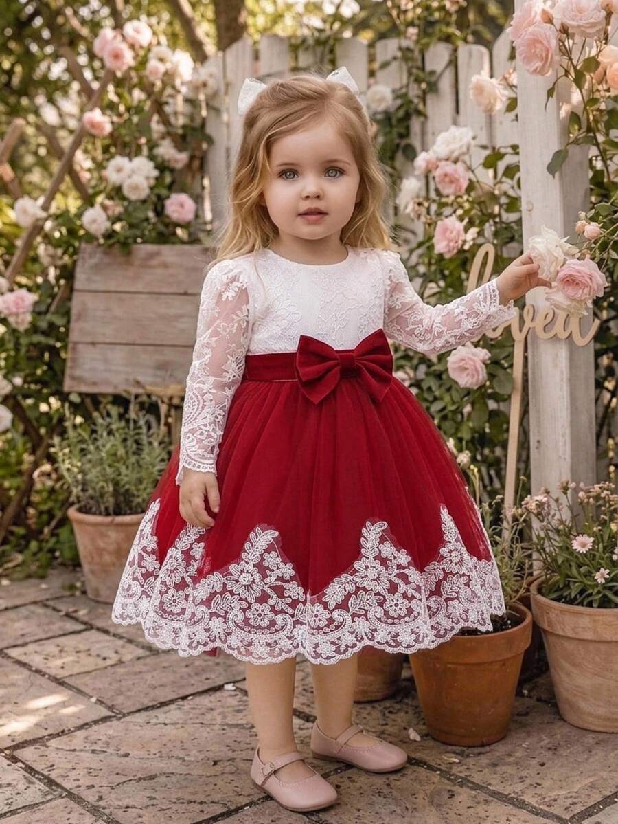 女嬰蕾絲長袖網紗蝴蝶結華麗公主花童禮服,適合婚禮派對,不含髮箍 - 酒紅色 - 查看 1