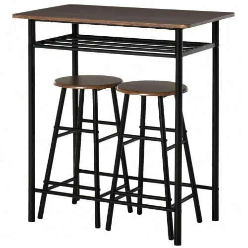 3-Piece Bar Table Set With 2 Bar Stools Dining Set Kitchen Table And Chairs Standing Table And Bar Stools With Storage Shelf MDF Top Steel White+Oak 80 X 50 X 90 Cm - 黑色 - 查看 1