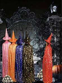 1 bộ trang phục phù thủy Halloween gồm áo choàng và mũ chóp, mũ phù thủy in họa tiết mặt trăng và sao màu vàng, bộ đồ nhập vai cho 2 người để hóa trang tiệc tùng - Xem 6