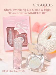 GOGO TALES Stars Twinkling Lip Gloss & Highlighter Makeup Gift Set, 3-Color Lip Gloss & Highlighter Combination, Iridescent Shimmer, Brightening Highlighter & Mirror Water Gloss Lip Gloss, Compact & Portable, Suitable For Students GOGOTALES - G01# Star Fairy - View 1
