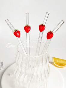 2/4pcs Red Cherry Shaped Glass Drinking Straws, Suitable For Water Cups, Reusable Curved Transparent Thickened Glass Straws Tableware Set, Kitchen Accessories, Straw Decorative Caps, Cold Drinks, Milk Tea, Coffee, Bar, Home, Restaurant, Holiday Supplies, Summer - View 2