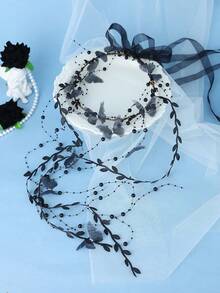 1pc Vintage Black Mesh Butterfly Beaded Tassel Headband, Dark Elegant Bridal Wedding Accessory - Black - View 2