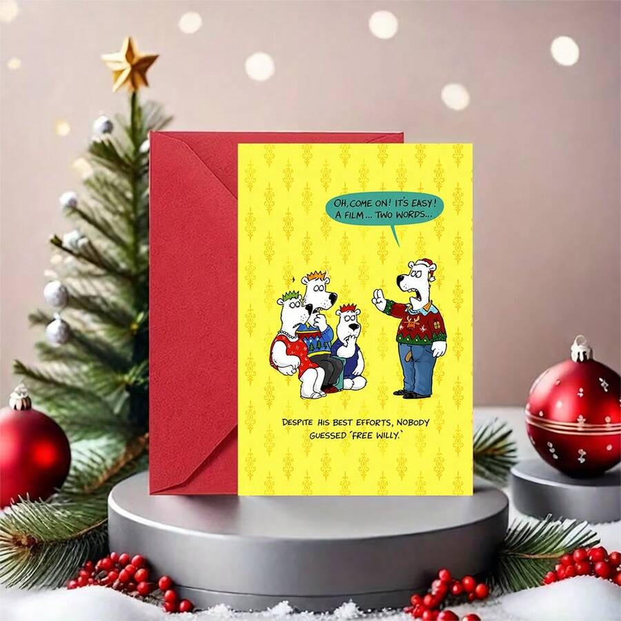 1 Kartu Ucapan + 1 Amplop Kartu Ucapan Natal Lucu, Beruang Kutub Bermain Tebak Kata Oh Ayolah, Ini Mudah, Untuk Teman, Liburan Musim Dingin Gaya Kartun Lucu. - Amplop kuning - View 1