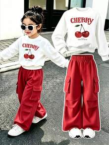 Young Girl Cartoon Cherry Print Warm Crew Neck Sweatshirt And Cargo Pants - White - View 1