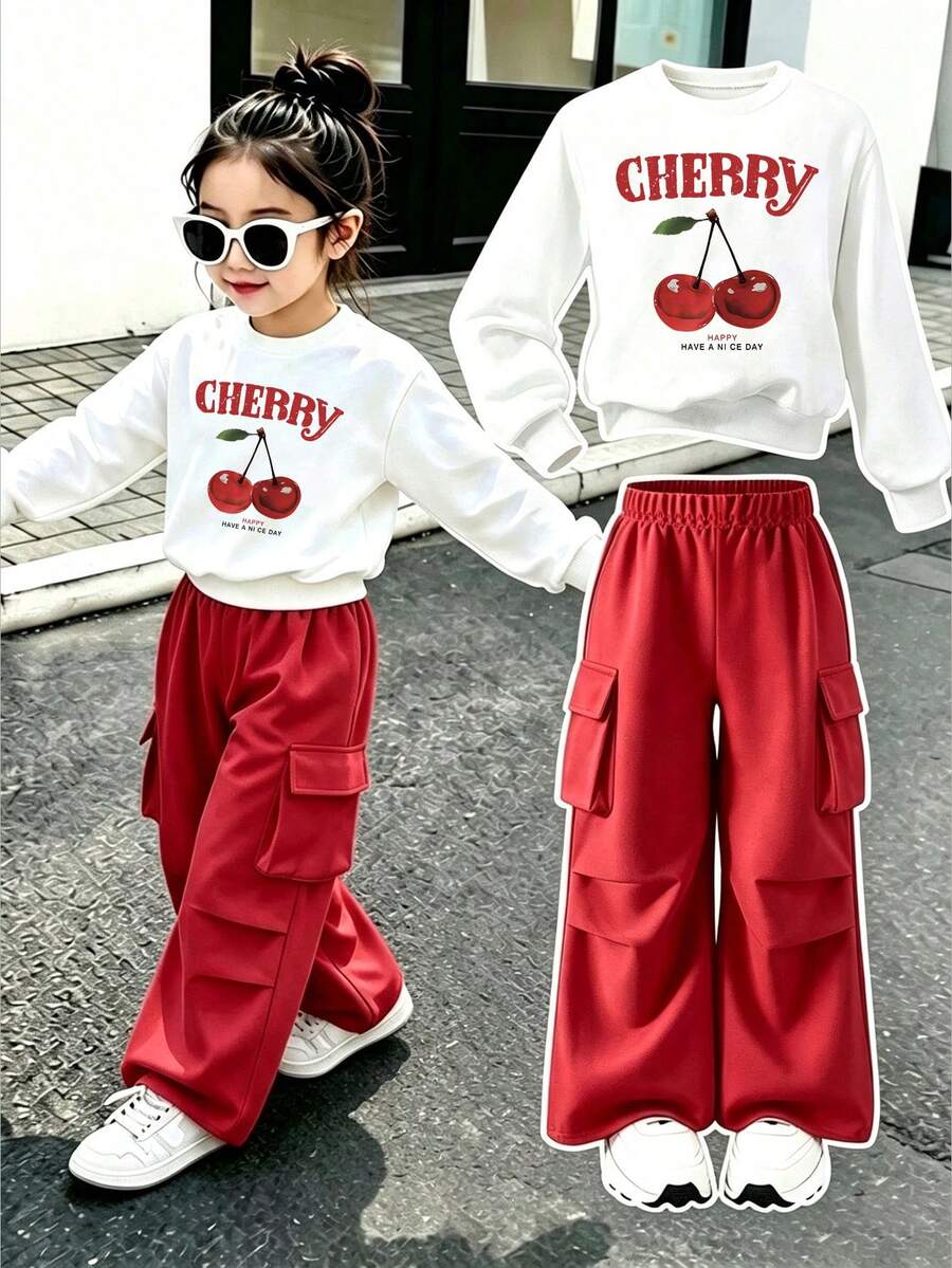 Young Girl Cartoon Cherry Print Warm Crew Neck Sweatshirt And Cargo Pants - White - View 1