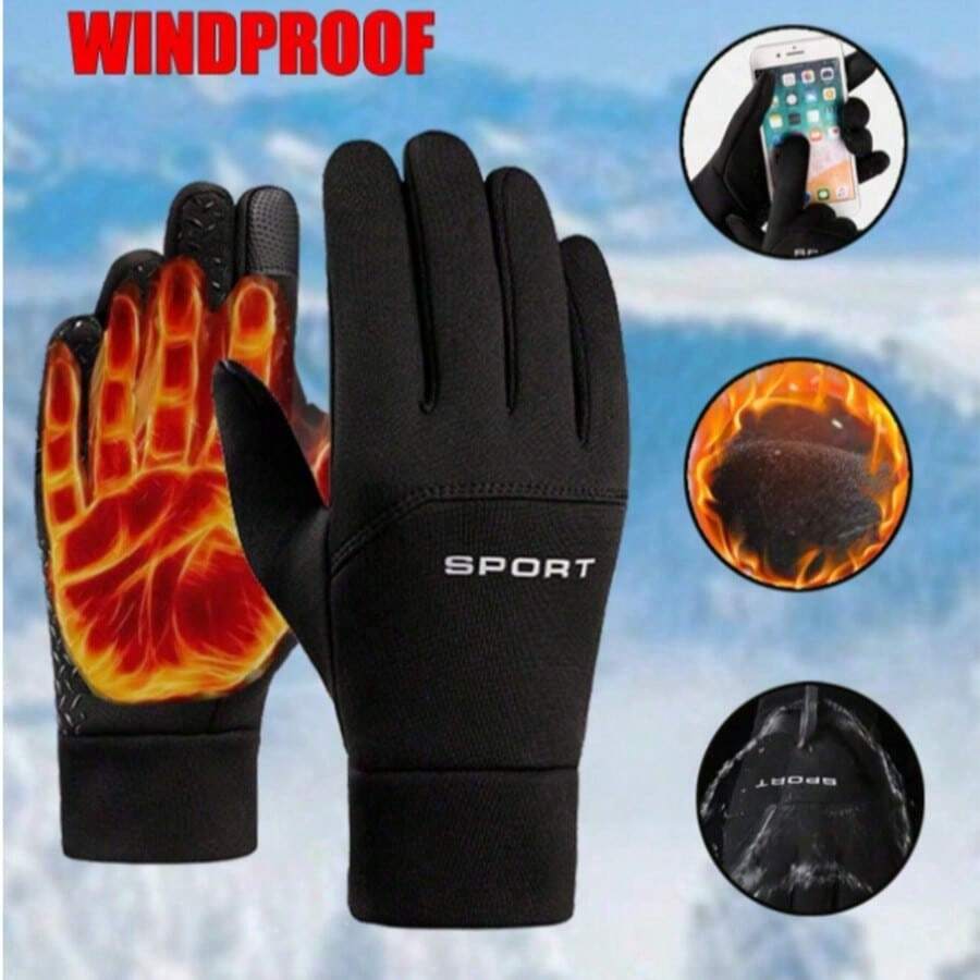 1 Pair Unisex Winter Outdoor Sports Cycling Warm Gloves, Letter Decor, Windproof, Waterproof, Warm Lining