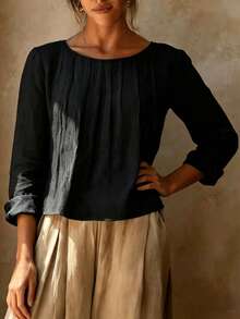 Women's Elegant Pleated Long Sleeve Blouse, Regular Fit Solid Color Top, Suitable For Spring And Autumn Wear, Vintage Style Regular Hem Top - Black - View 4