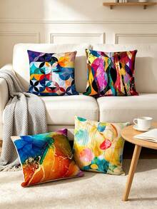 4pcs Set, Colorful Fluid Watercolor Geometric Color Block Print Pillow Covers, Living Room Sofa Art Decorative Throw Pillows, Printed Pattern, Hidden Zipper Closure, Skin-Friendly Durable Machine Washable, Pillow Inserts Not Included - Multicolor - View 3