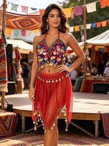 V Neck Multicolor Sequin Coin Halter Dance Crop Top Glitter Mesh Irregular Coin Tassel Dance Skirt Exotic Belly Dance Performance Outfit - Multicolor - View 3