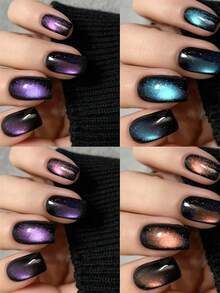 96pcs/Box Short Square Glossy Cat Eye Press-On Nails, Deep Red/Purple/Green/Blue Cat Eye Mixed Color Full Coverage Square Cat Eye Nail Stickers - Multicolor - View 2