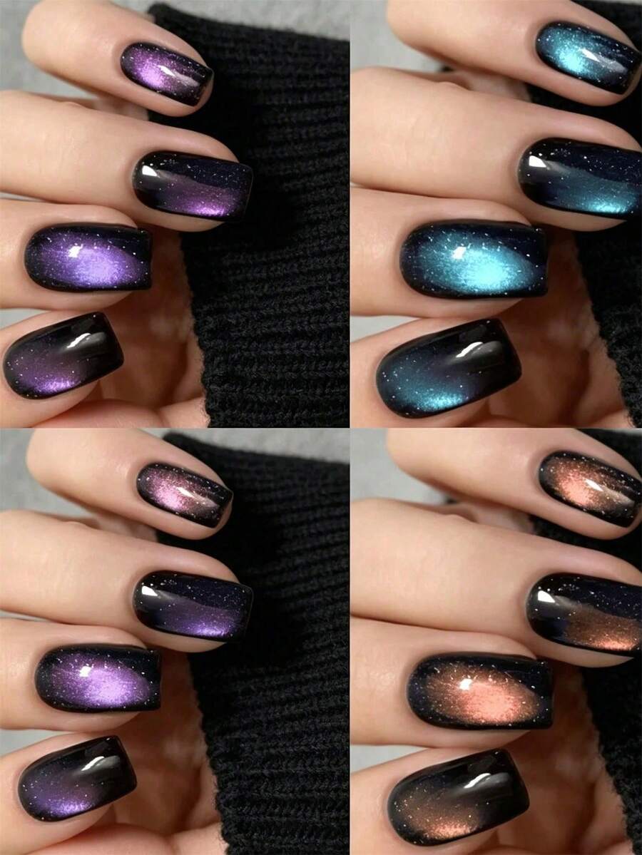 96pcs/Box Short Square Glossy Cat Eye Press-On Nails, Deep Red/Purple/Green/Blue Cat Eye Mixed Color Full Coverage Square Cat Eye Nail Stickers