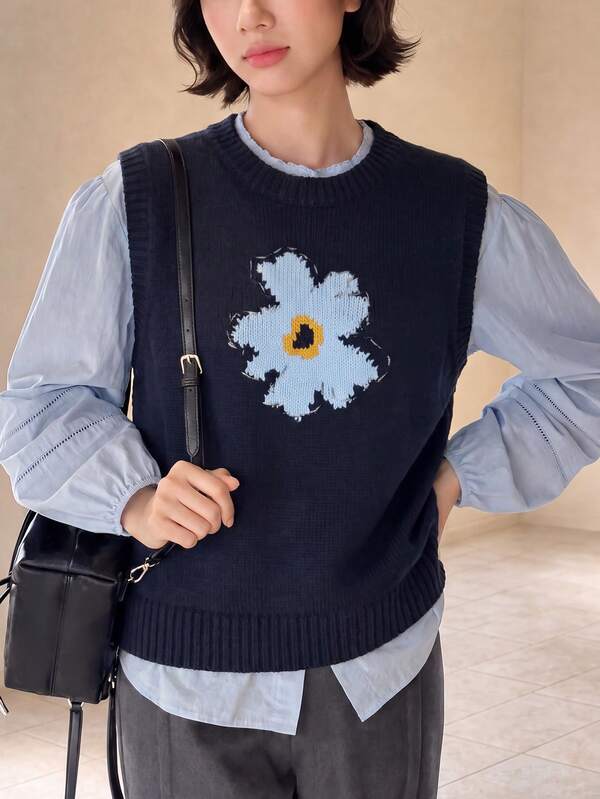 Women's Autumn/Winter Minimalist Casual Floral Pattern Knit Pullover Sweater Vest Top Fall
