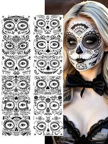 12 Sheets Halloween Sugar Skull Face Temporary Stickers, Day Of The Dead Floral Skull Full Face Stickers, Cosplay Festival Party Face Decorations - Black - View 2