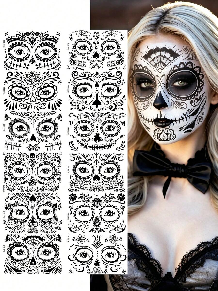 12 Sheets Halloween Sugar Skull Face Temporary Stickers, Day Of The Dead Floral Skull Full Face Stickers, Cosplay Festival Party Face Decorations