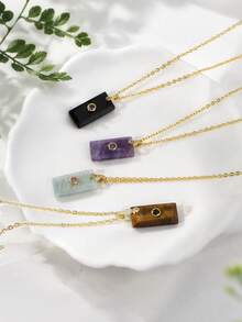 1pc Women's Amethyst Necklace Crystal Rectangle Pendant With Zirconia Natural Stone Stainless Steel Chain Fashion Jewelry H936 - Necklace - View 7