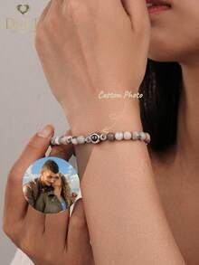 Customized Stone Projection Bracelet, 6mm Tiger Eye Stone Adjustable Couple Bracelet, Personalized Family Photo Jewelry Gift For Men Women, Anniversary Gift - Round Bracelet - View 1
