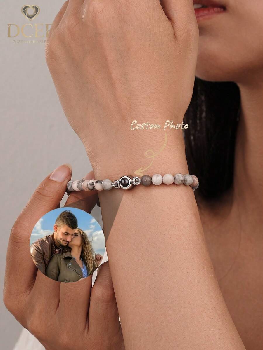 Customized Stone Projection Bracelet, 6mm Tiger Eye Stone Adjustable Couple Bracelet, Personalized Family Photo Jewelry Gift For Men Women, Anniversary Gift - Round Bracelet - View 1