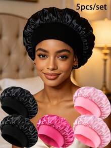 5pcs Women's Solid Color Wide Brim Elastic Satin Sleep Cap, Fashionable Sleep Bonnet, Comfortable And Breathable, Suitable For Daily Hair Care, Beach, Travel Use - 5 Pcs - View 23
