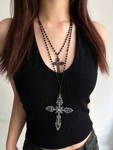 rundraw 1pc Women's Necklace, Silver Metal, Large And Small Cross With Micro-Inlaid CZ, Gothic Dark Style, Suitable For Daily Commute And Halloween Outfit - Black - View 3