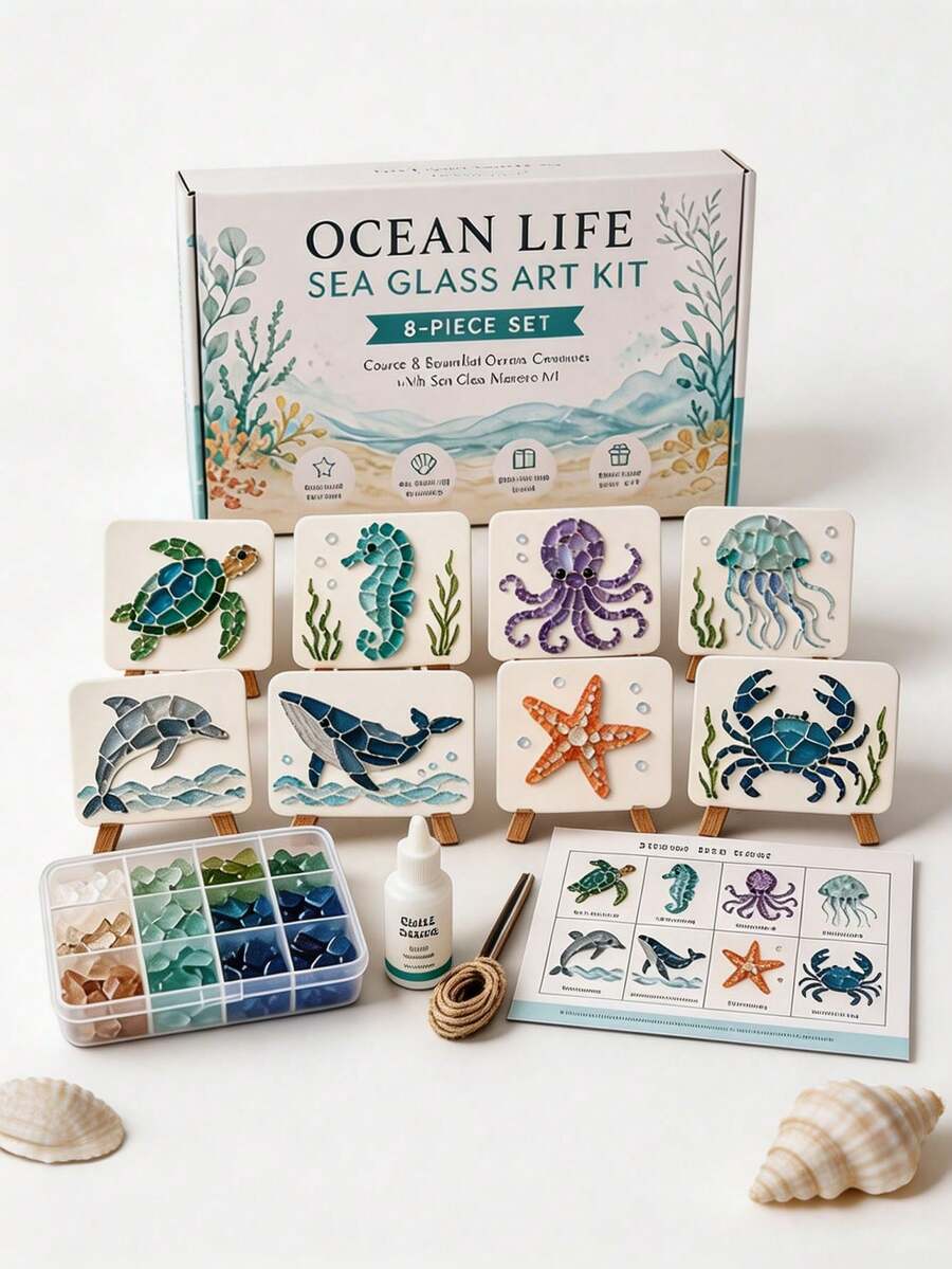 1 Set DIY Acrylic Mosaic Art Kit, Cute 3D Ocean Animal Handmade, Easy Assembly No Tools Required, Create Exquisite Ocean Artwork, Suitable For Beach Home/Wall/Desktop Decor, Colorful Glass Fragments With Sturdy Base, Perfect Gift For Adult Beginners And Craft Enthusiasts - Multiple Styles - View 1