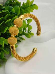 4pcs/1pc Optional Fashion Women's Gold-Plated Mesh Round Bead Braided C-Shaped Open Bangle Bracelet, Saudi Arabia Middle East Dubai Europe America Africa Bridal Wedding Party Dress Accessory, Mother's Day Valentine's Day Birthday Wedding Season Back To School Gift - Yellow Gold - View 2
