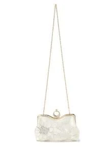 Elegant Ivory Floral Embroidered Evening Bag, Women's Rhinestone Ring Clasp Top Handle Clutch Purse For Wedding Party & Prom - Ivory - View 5