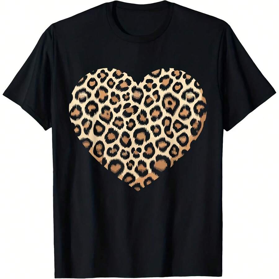 T-Shirt With Cheetah And Leopard Print For Men And Women, 100% Cotton, Loose Fit, Short Sleeve, Brown And Black - Shape - View 1