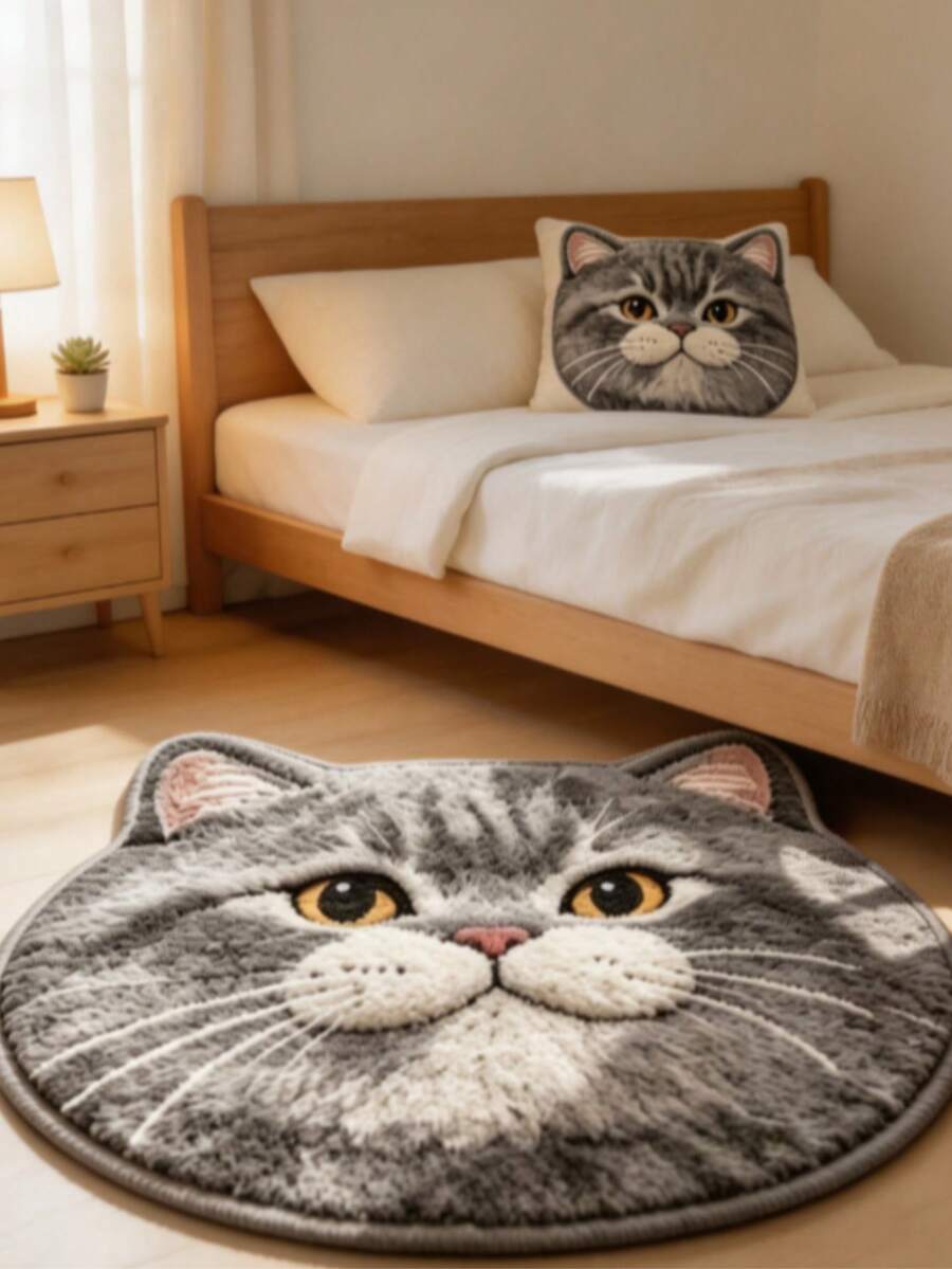 1 pieza Alfombra de baño con forma de cabeza de gato gris, Alfombra de baño, Felpudo, Alfombra pequeña, Alfombra, Alfombra de piso, Decoración del hogar, Alfombra de área, Felpudo exterior, Alfombra de dormitorio, Alfombra lavable - Multicolor - Ver 1