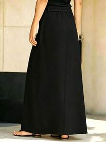 Plus Size Woven A-Line Maxi Skirt, Non-Stretch, Minimalist Black, Suitable For Women's Everyday Wear Spring - 黑色 - 查看 6