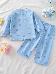 2pcs Baby Girl Casual Blue Printed Top & Pants Set, Thin Spring/Autumn - Blue - View 2