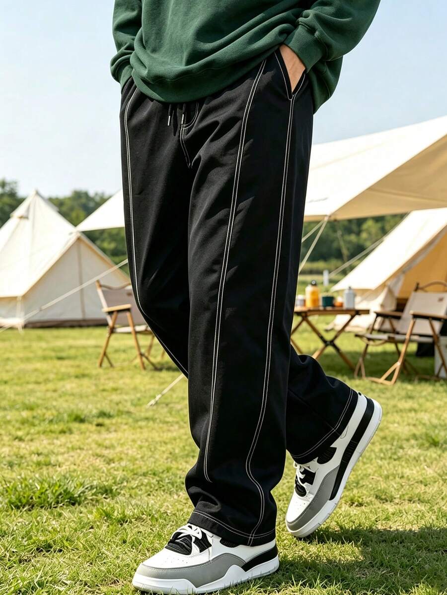 Men Contrast Stitch Drawstring Elastic Waist Wide‑Leg Outdoor Sports Pants, Loose Fit Casual Trousers - Black - View 1