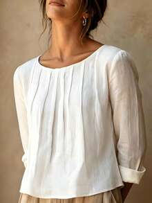 Women's Elegant Pleated Long Sleeve Blouse, Regular Fit Solid Color Top, Suitable For Spring And Autumn Wear, Vintage Style Regular Hem Top - White - View 2