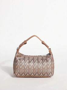 Bolso de hombro tejido con espiga vintage, bolso de mano retro de tela a rayas con correa ajustable de cuero sintético, bolso de hombro pequeño ligero y casual para uso diario, viajes, compras y citas - Marrón - Ver 8