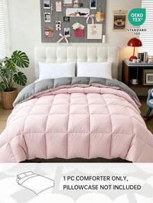 1pc Light Pink With Gray Stitched Comforter, Reversible, Grid Stitching, Warm Soft Fluffy, Suitable For Winter, Down Alternative Filling, Machine Washable, Oeko-Tex Certified - Baby Pink - View 3