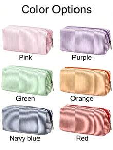 Custom Embroidered Name Striped Canvas Makeup Bag, Personalized Letter Zipper Storage Pouch, Bridesmaid Invitation Gift Cosmetic Organizer Pencil Case, Customized Text Portable Travel Toiletry Bag, Wedding Bachelorette Party Favor - Multicolor - View 14