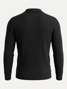 Men's Autumn/Winter Fashion Ribbed Shoulder Polo Collar Long Sleeve Sweater, Business/Casual Essential - Black - View 5