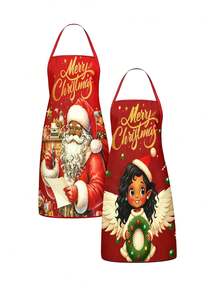 2 Pcs Vintage Christmas Santa Snowman Print Apron Set, Buffalo Plaid Pattern Kitchen Cooking Baking Aprons For Holiday Party Home Decoration - Multicolor - View 8