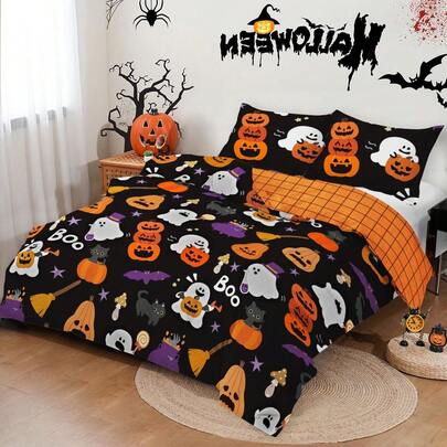 3 Pieces Bedding Duvet Cover Set Queen King Pumpkin Ghost Witches Pattern Comforter Cover Set With Zipper Closure Breathable Black Comforter Covers Sets With 2 Pillowcases Soft Microfiber Fabric For Halloween Decor Room Decor  Halloween Gift