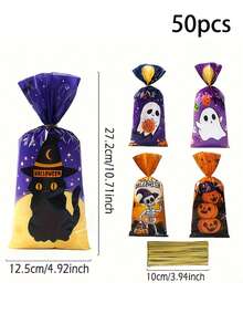 50/25pcs/1pc-Halloween Gift Bags, 5 Designs, Featuring Skull, Ghost, Black Cat And Pumpkin Prints, Halloween Party Supplies, Halloween Trick Or Treat Party Supplies, Halloween Decorations, Suitable For Packaging Cookies, Candies, Nougat And Small Snacks - Multicolor - View 13