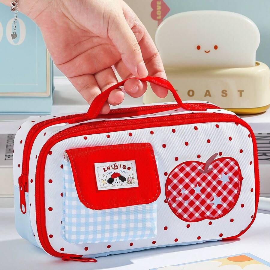 1pc Japanese Sweet Fruit Star House Pencil Case, Large Opening Layered Design For Easy Access, Large Capacity Storage For Pencils, Rulers, Erasers, Cartoon Cloud And Apple Print Sweet And Cute, Suitable For Students' Daily Use, Classroom Learning, Exam Carrying And Desktop Stationery Organization - Pencil Case - View 1