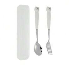 2pcs Stainless Steel Cat Paw Shaped Children Spoon And Fork Set With Storage Box, Cute Baby Feeding Utensils - Multicolor - View 14